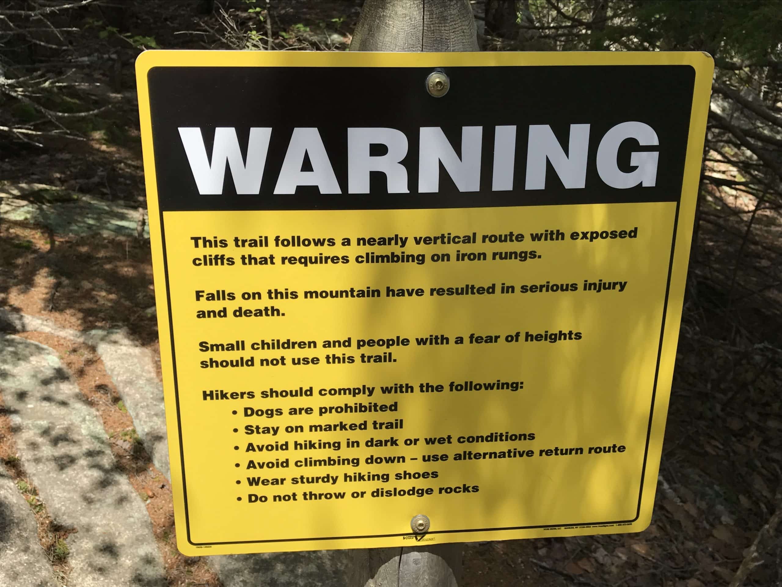 Warning Sign On Beehive Trail Acadia National Park