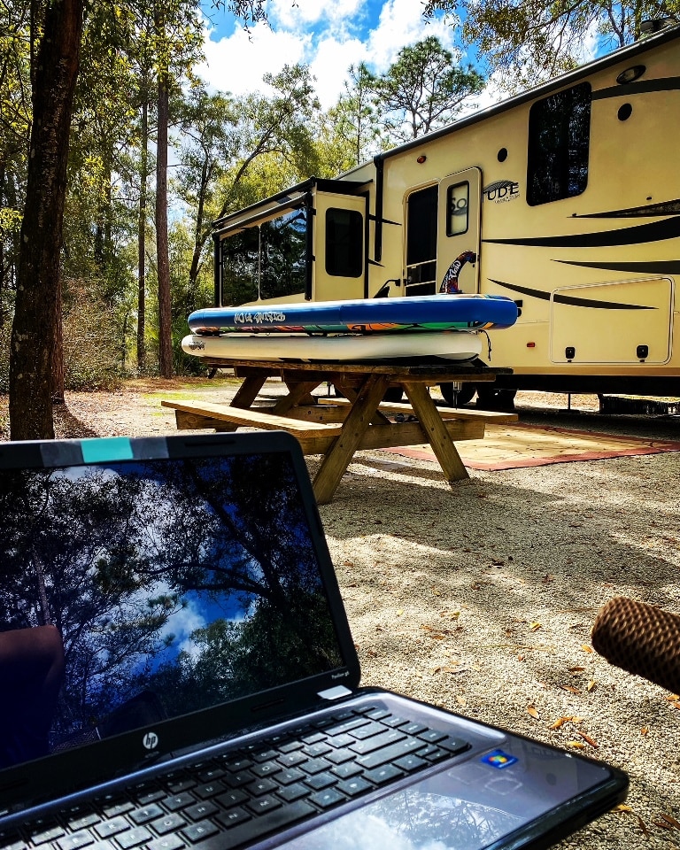 Computer outdoors at RV campsite - Digital Nomad RV Living