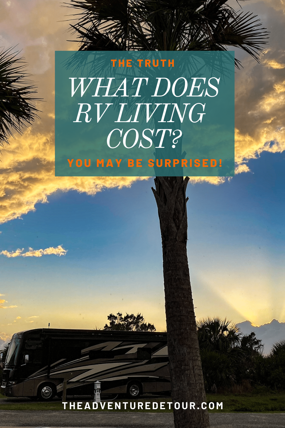 Sunset behind RV - RV living full time costs