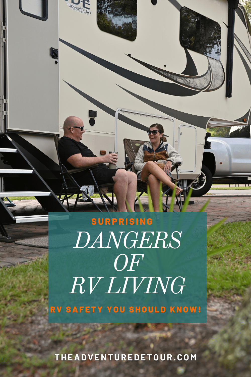 Couple having coffee while RV camping