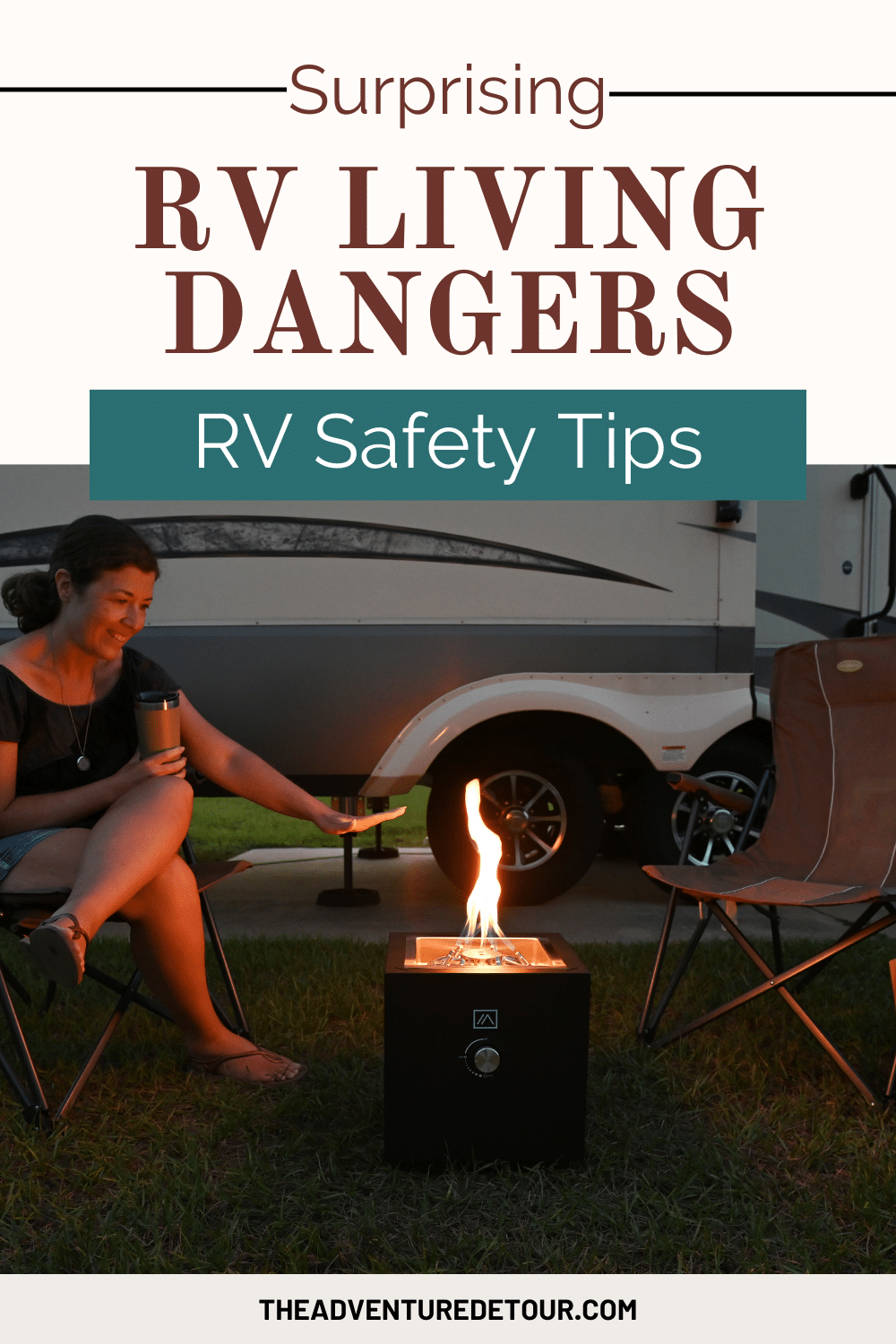 Woman having a campfire in front of RV